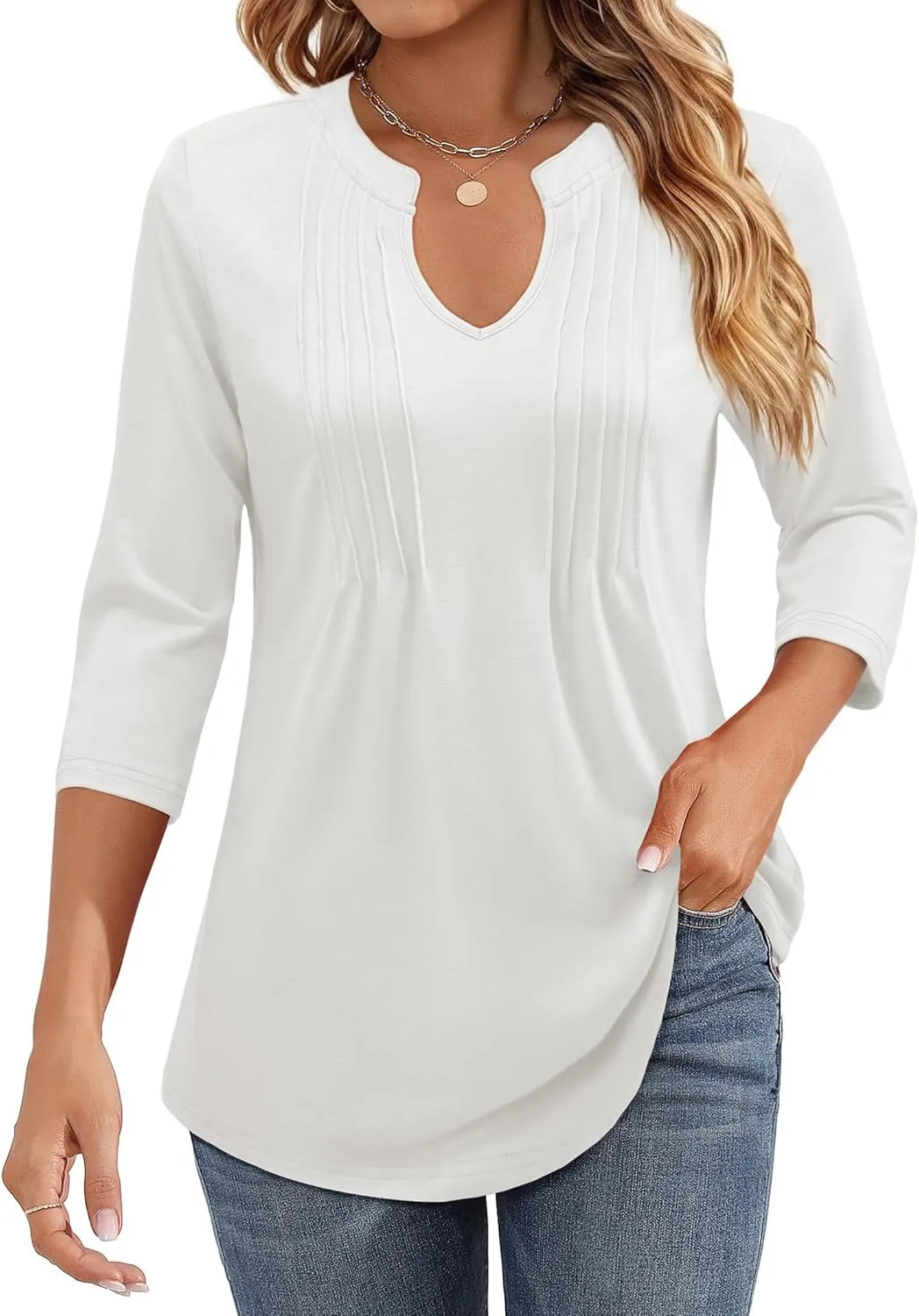 Womens 3/4 Sleeve Tops Business Casual Blouses V Neck Pleated Shirts Peasant Tunic Tops Dressy Casual Work Outfits