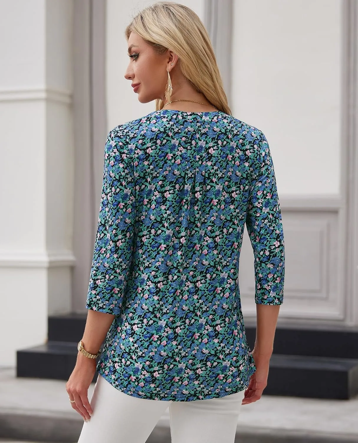 Womens 3/4 Sleeve Tops Business Casual Blouses V Neck Pleated Shirts Peasant Tunic Tops Dressy Casual Work Outfits