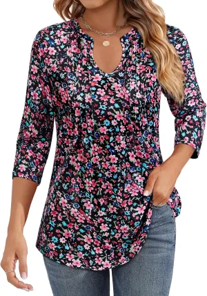 Womens 3/4 Sleeve Tops Business Casual Blouses V Neck Pleated Shirts Peasant Tunic Tops Dressy Casual Work Outfits
