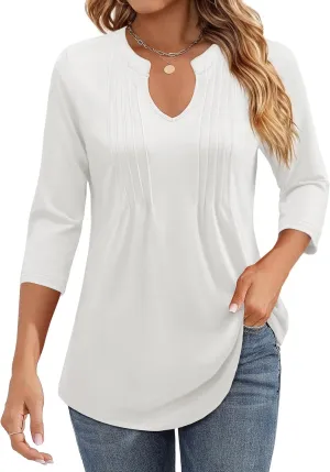 Womens 3/4 Sleeve Tops Business Casual Blouses V Neck Pleated Shirts Peasant Tunic Tops Dressy Casual Work Outfits