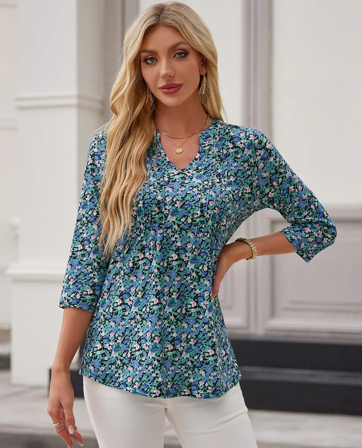 Womens 3/4 Sleeve Tops Business Casual Blouses V Neck Pleated Shirts Peasant Tunic Tops Dressy Casual Work Outfits