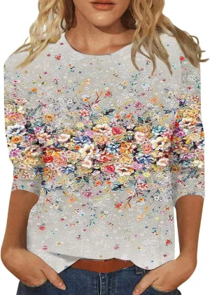 Womens 3/4 Sleeve Tops Casual Boat Neck Cute T-Shirts Loose Fit Pink Floral Print
