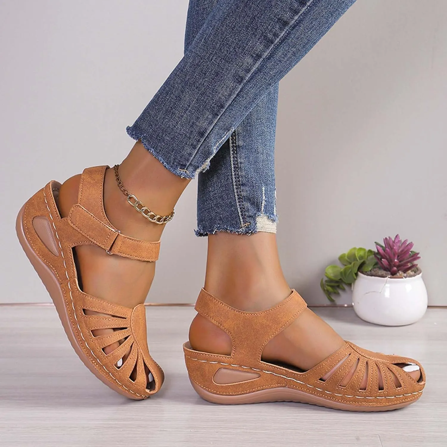 Women's Arch-Support Orthopedic Sandals Closed Toe Hollow Out Strap Ankle Trending Comfort Sandal Shoes for Vacation