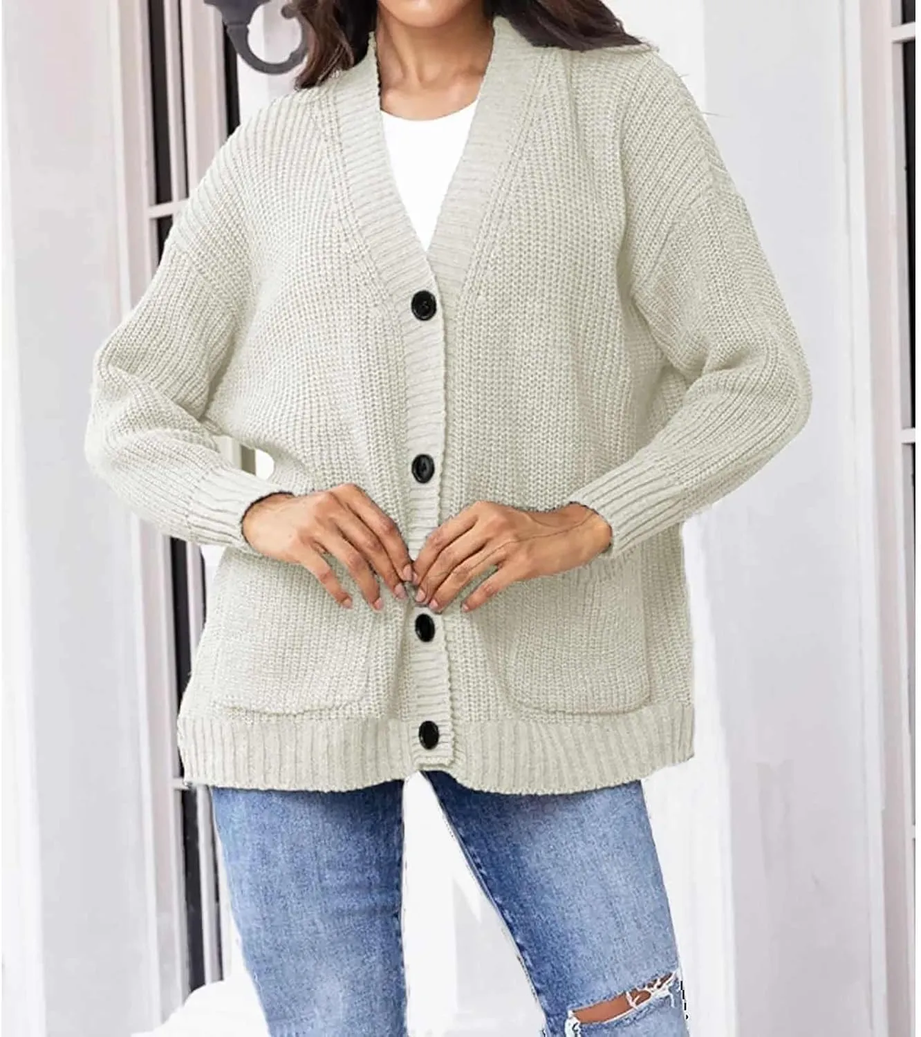Women's Autumn Sweater Trendy Solid Knitted Button Down Long Sleeve Warm Loose Cardigan Winter Thick Crochet Coats