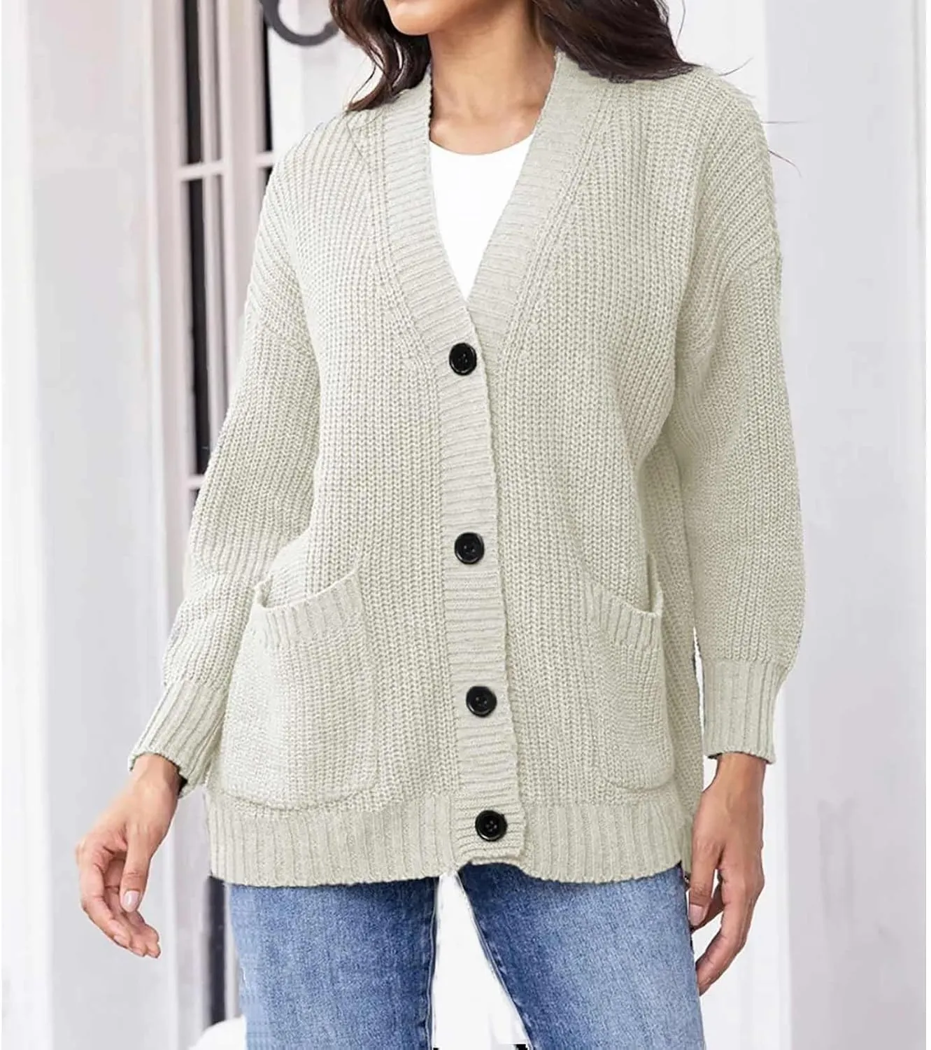 Women's Autumn Sweater Trendy Solid Knitted Button Down Long Sleeve Warm Loose Cardigan Winter Thick Crochet Coats