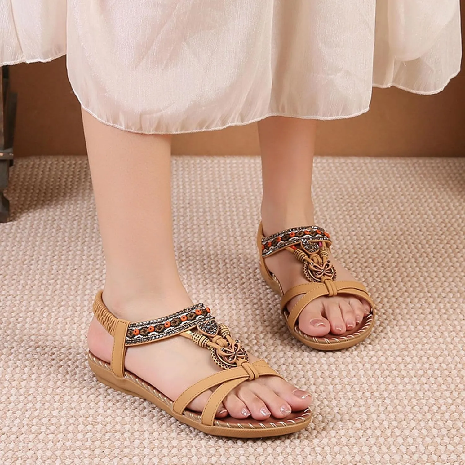 Women's Bohemian Exotic Trendy Sandal High Elastic Ankle Strappy Shoe Rhinestone Embellished Sandals Rubber Sole Flat