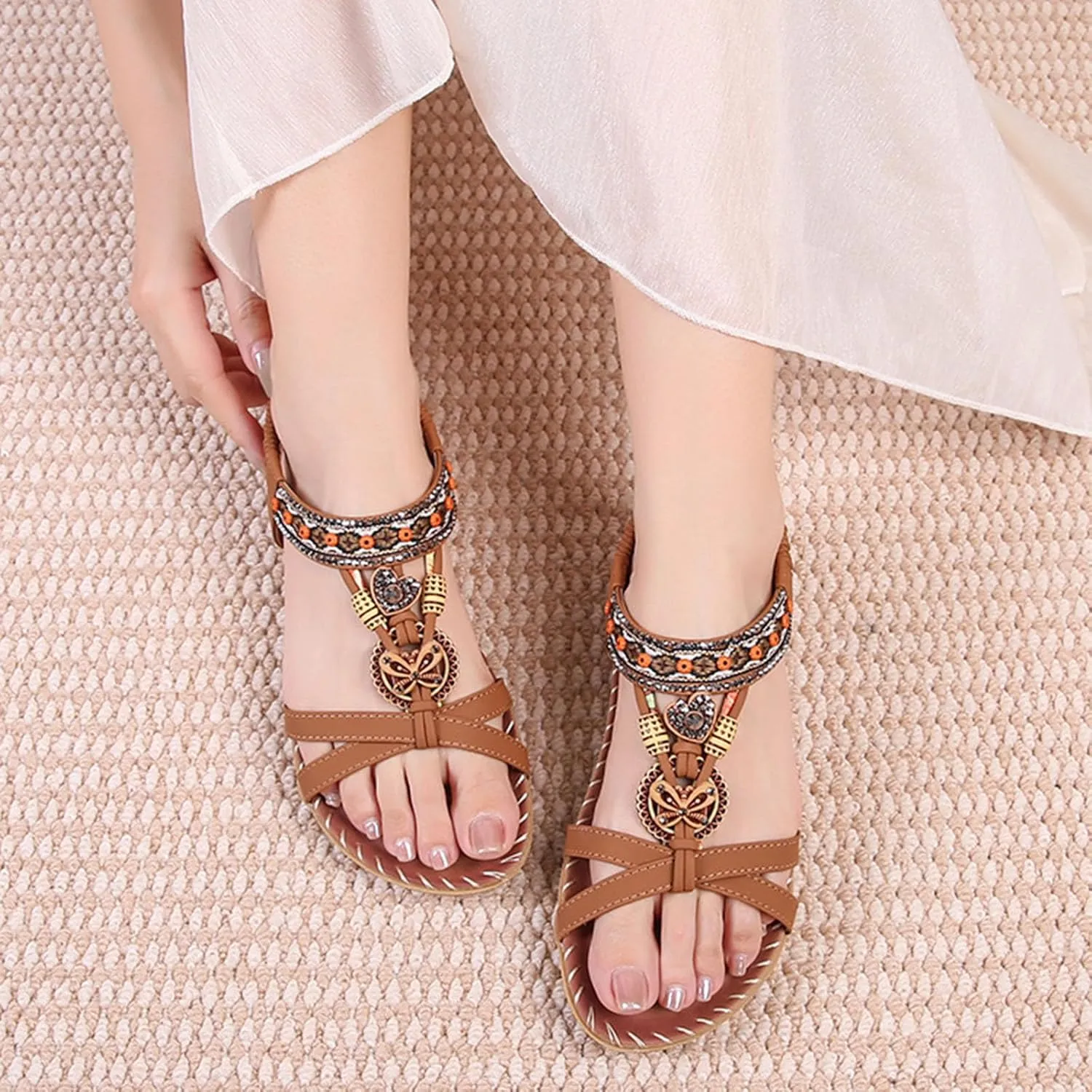 Women's Bohemian Exotic Trendy Sandal High Elastic Ankle Strappy Shoe Rhinestone Embellished Sandals Rubber Sole Flat