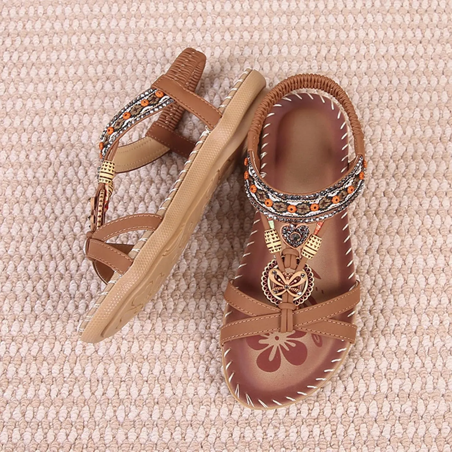 Women's Bohemian Exotic Trendy Sandal High Elastic Ankle Strappy Shoe Rhinestone Embellished Sandals Rubber Sole Flat