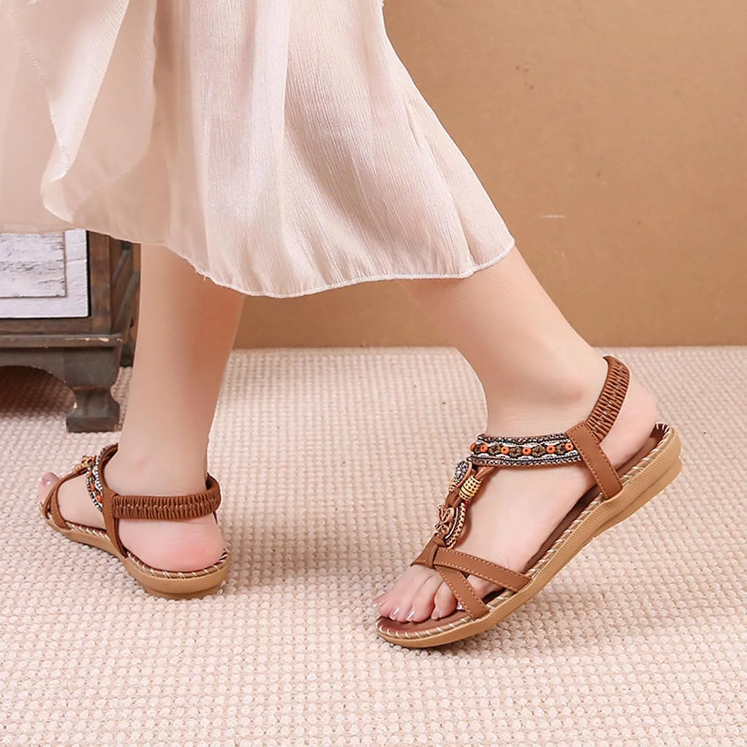Women's Bohemian Exotic Trendy Sandal High Elastic Ankle Strappy Shoe Rhinestone Embellished Sandals Rubber Sole Flat