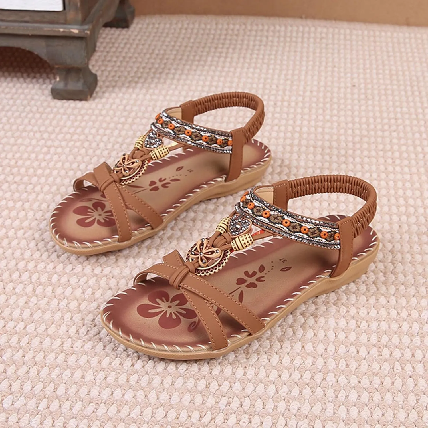 Women's Bohemian Exotic Trendy Sandal High Elastic Ankle Strappy Shoe Rhinestone Embellished Sandals Rubber Sole Flat