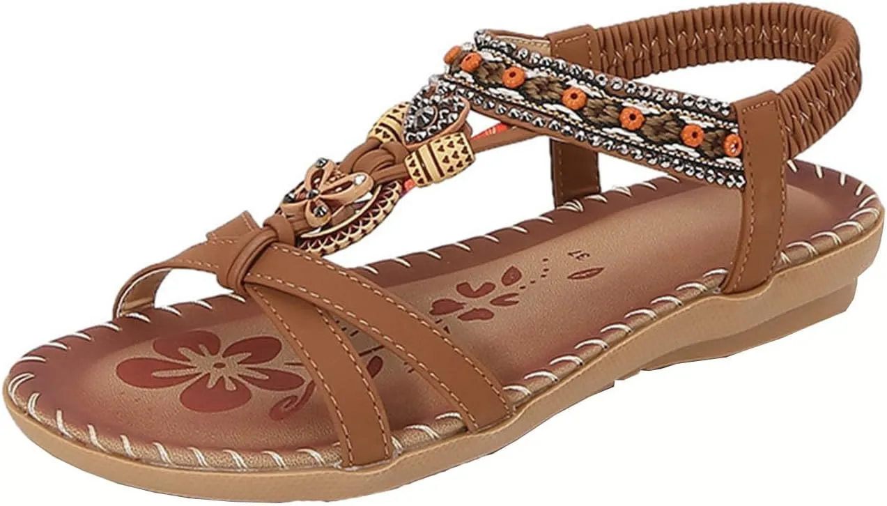 Women's Bohemian Exotic Trendy Sandal High Elastic Ankle Strappy Shoe Rhinestone Embellished Sandals Rubber Sole Flat