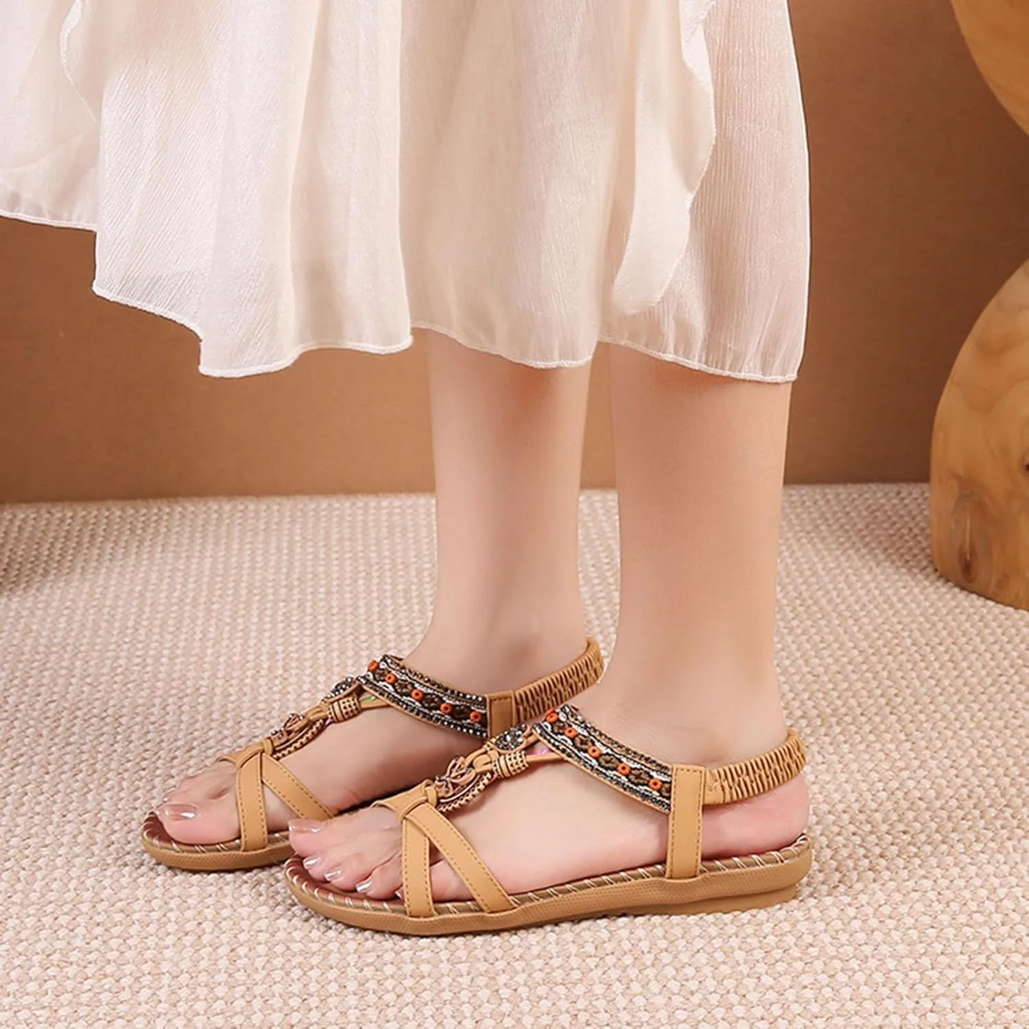 Women's Bohemian Exotic Trendy Sandal High Elastic Ankle Strappy Shoe Rhinestone Embellished Sandals Rubber Sole Flat