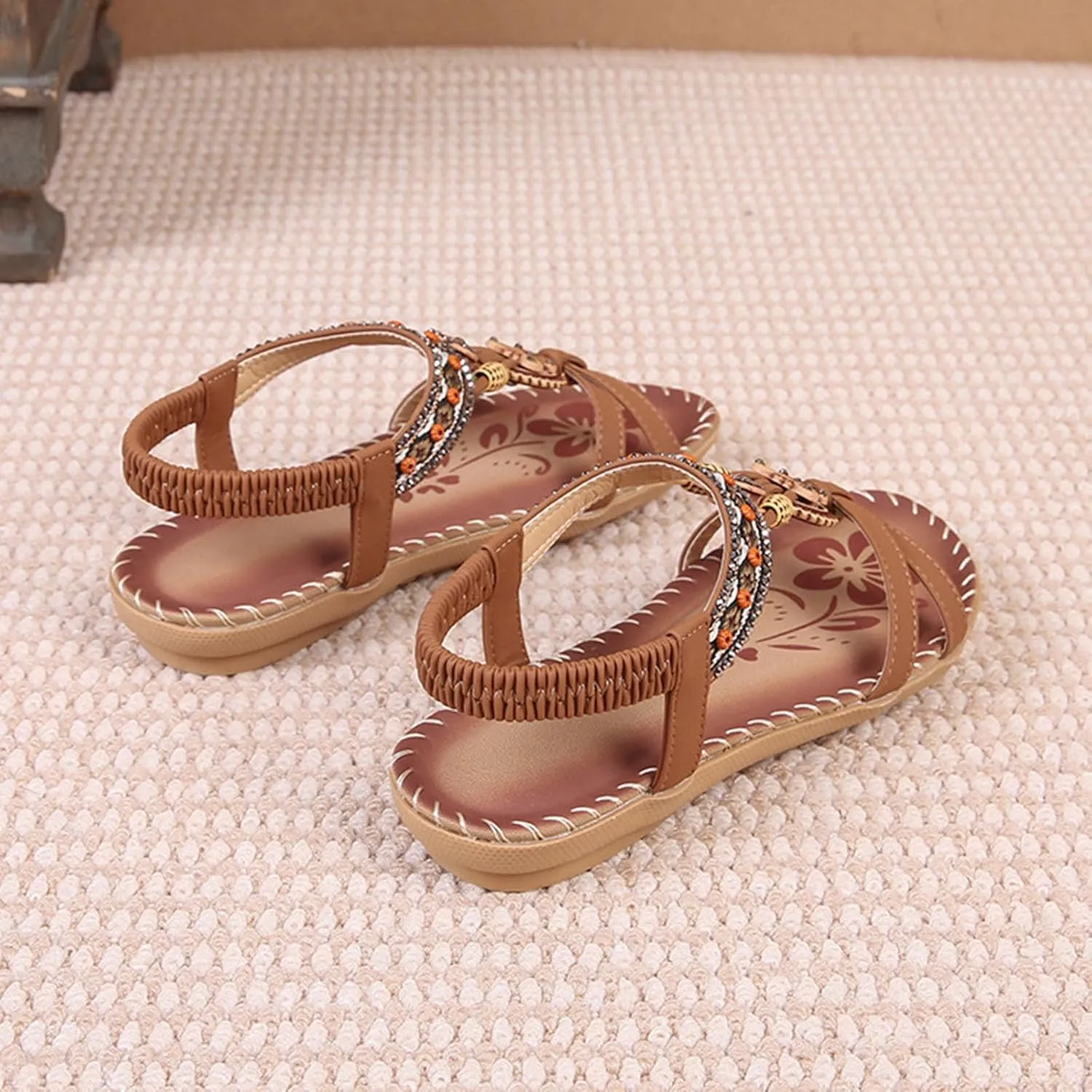 Women's Bohemian Exotic Trendy Sandal High Elastic Ankle Strappy Shoe Rhinestone Embellished Sandals Rubber Sole Flat
