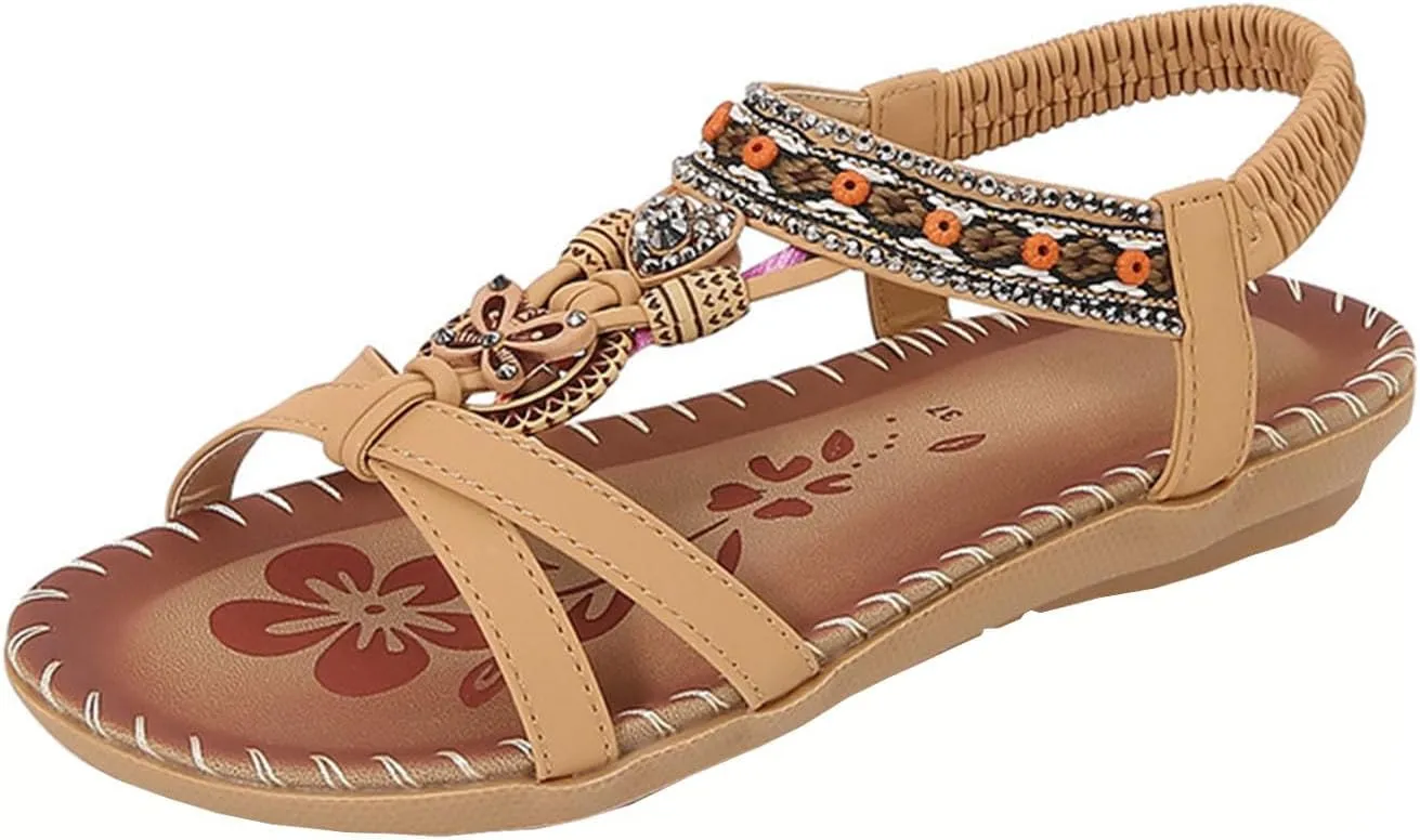 Women's Bohemian Exotic Trendy Sandal High Elastic Ankle Strappy Shoe Rhinestone Embellished Sandals Rubber Sole Flat