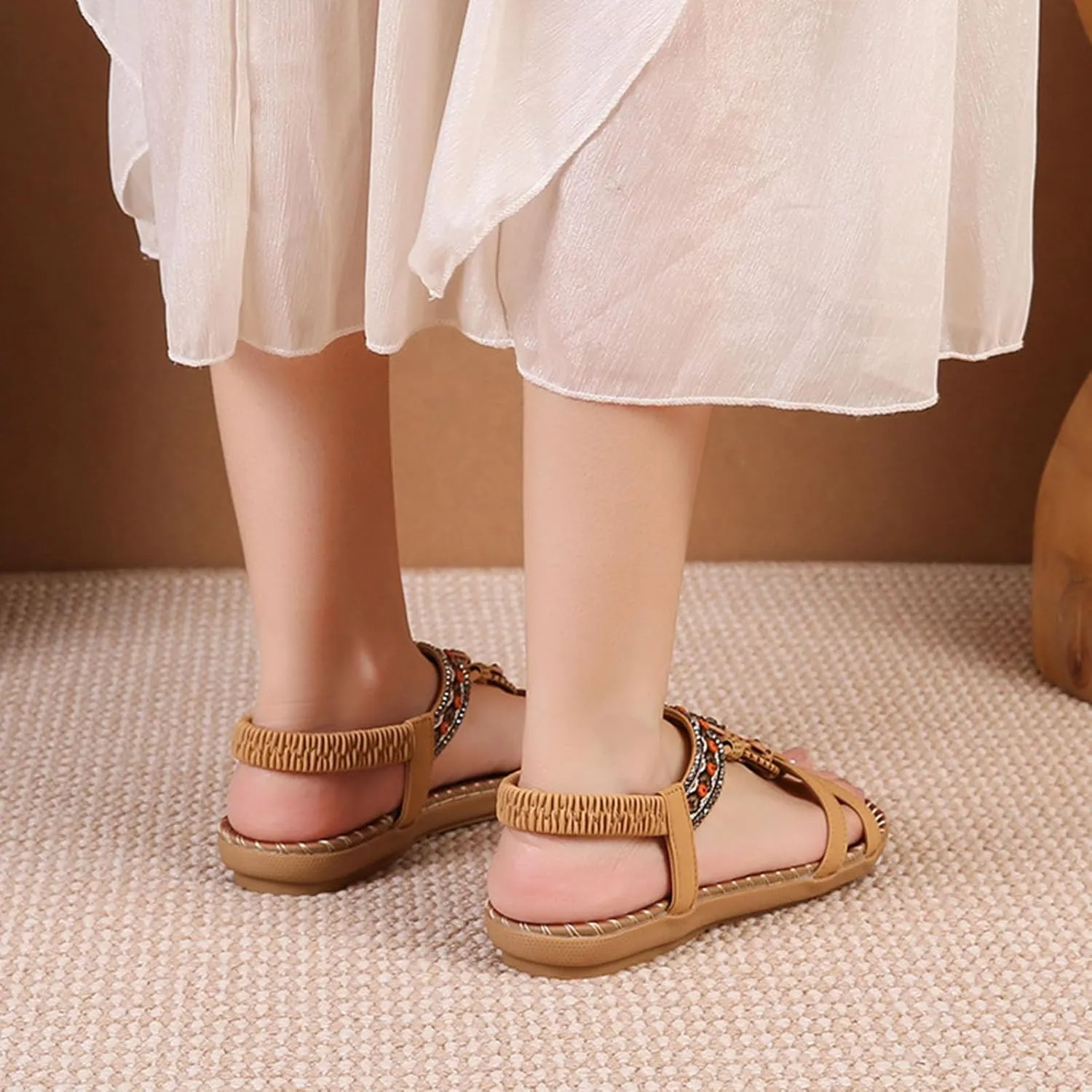 Women's Bohemian Exotic Trendy Sandal High Elastic Ankle Strappy Shoe Rhinestone Embellished Sandals Rubber Sole Flat