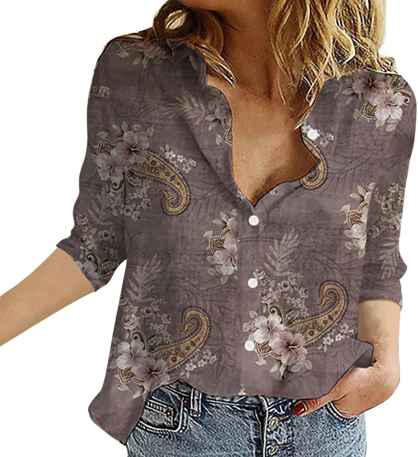 Womens Button Down Shirt Linen Shirt Roll Up Sleeve Down Blouses Tops Blue for Women Chambray Button