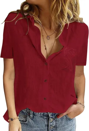 Womens Button Down Shirts Cotton Summer Tops V Neck Short Sleeve Shirt Collar Blouse Casual Plain Tshirt Work Tops