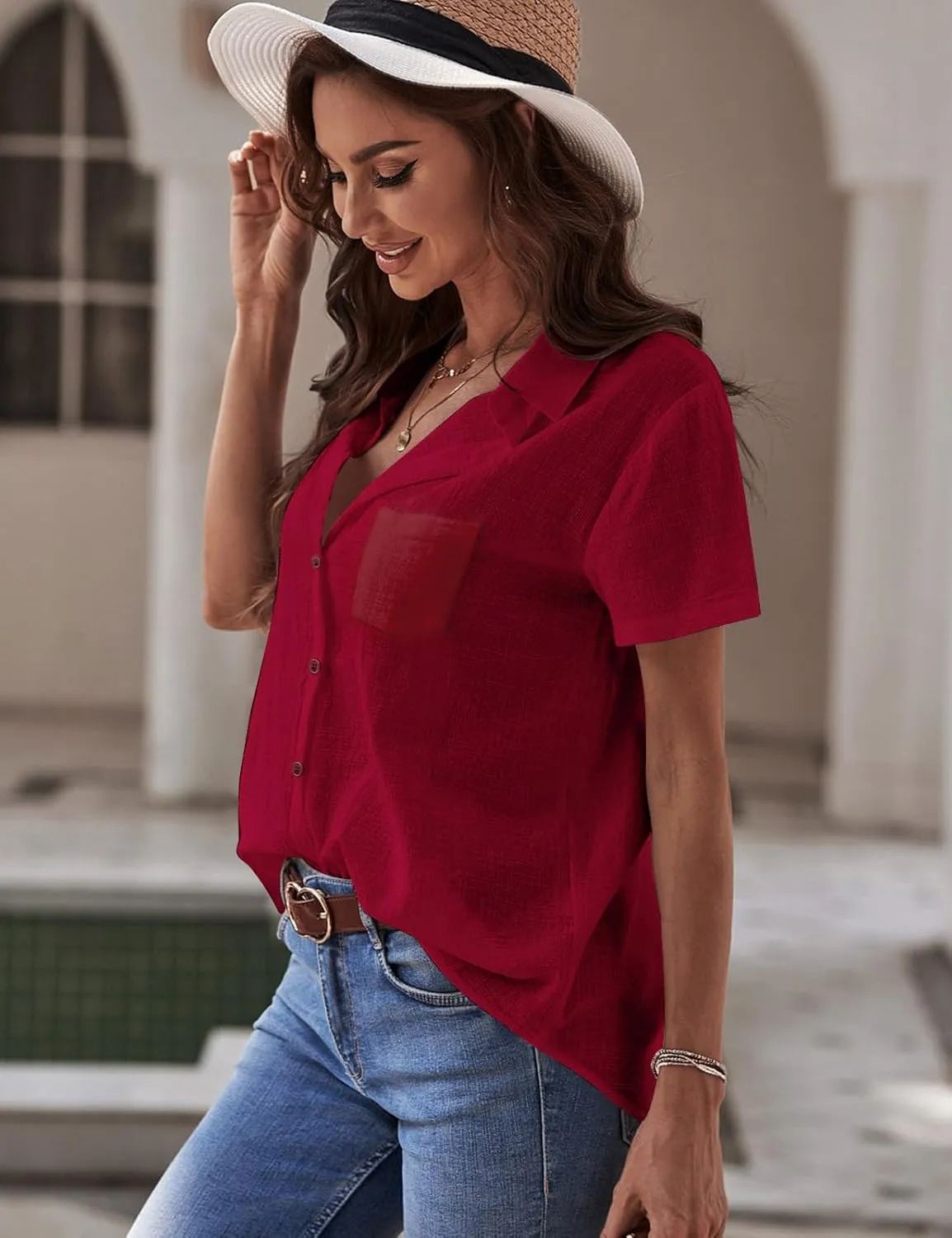 Womens Button Down Shirts Cotton Summer Tops V Neck Short Sleeve Shirt Collar Blouse Casual Plain Tshirt Work Tops