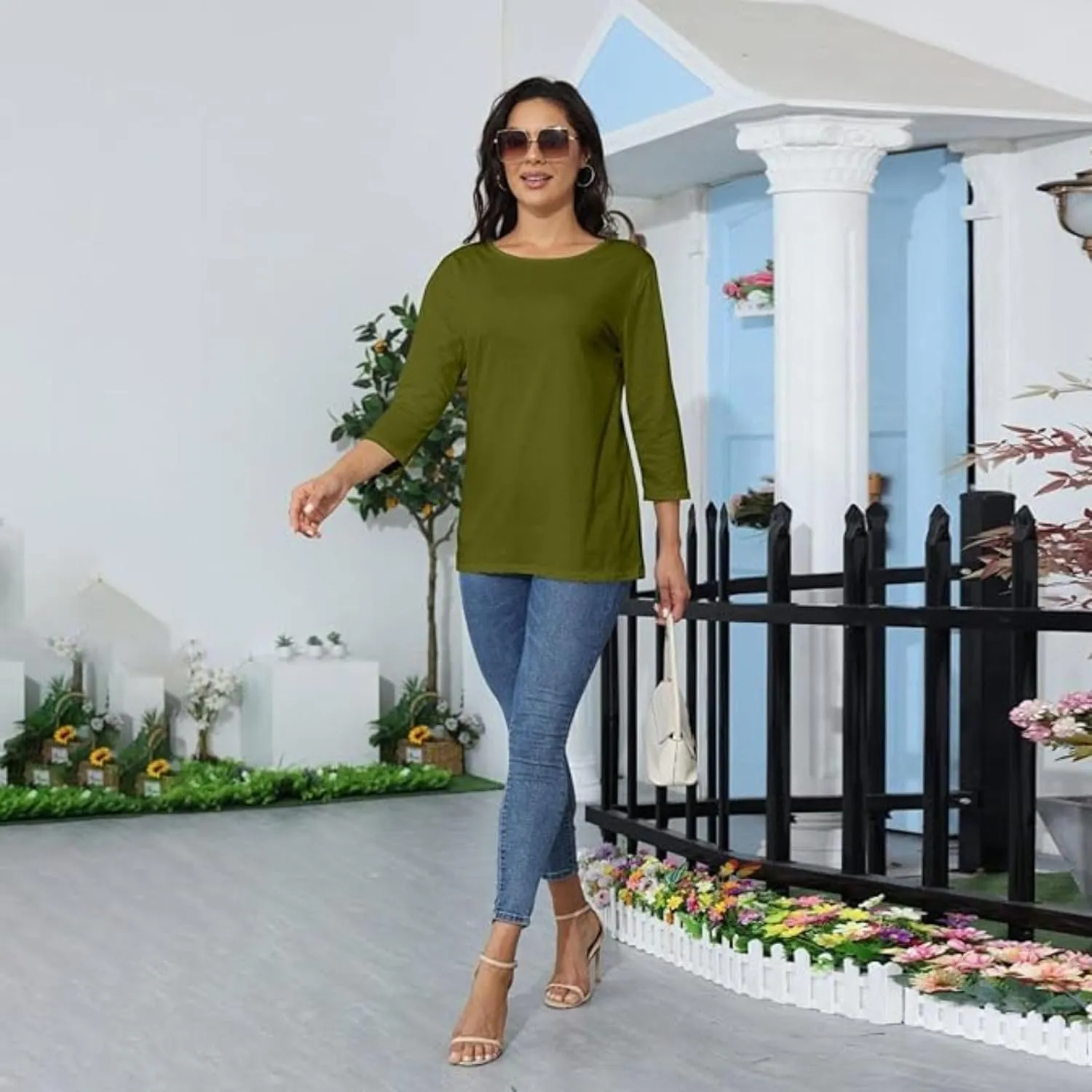 Women's Casual 3/4 Sleeve T-Shirt Round Neck Cute Tunic Tops Basic Tees Blouses Loose Fit Pullover 2024 Dressy Trendy