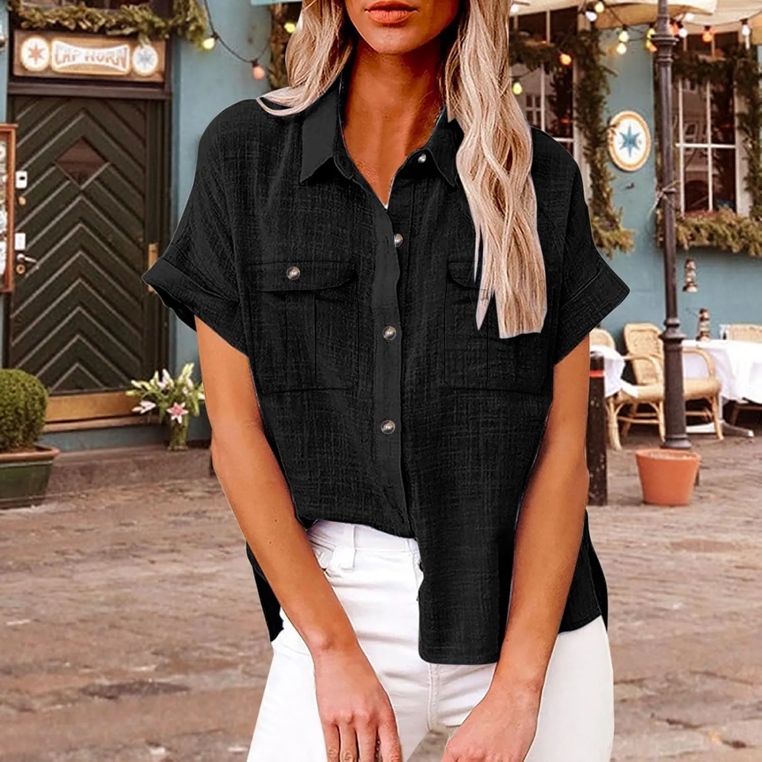 Womens Casual Blouse Button Fly Lapel Collar Short Sleeve Linen Beach Tunics Summer Loose Side Slit Tops with Pockets