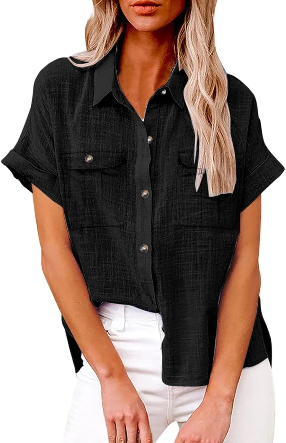 Womens Casual Blouse Button Fly Lapel Collar Short Sleeve Linen Beach Tunics Summer Loose Side Slit Tops with Pockets