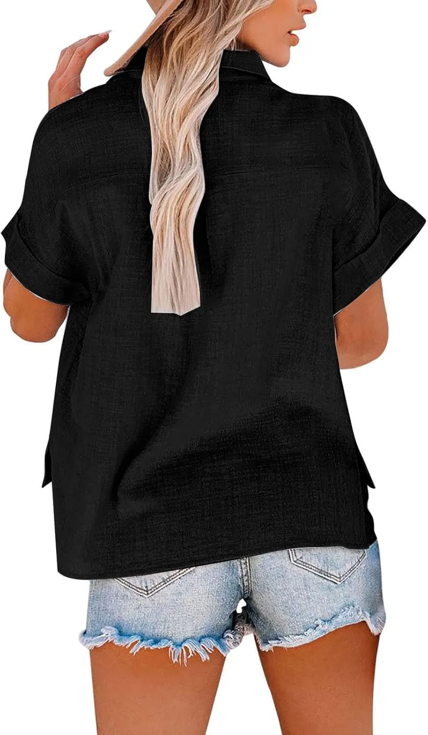 Womens Casual Blouse Button Fly Lapel Collar Short Sleeve Linen Beach Tunics Summer Loose Side Slit Tops with Pockets