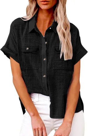 Womens Casual Blouse Button Fly Lapel Collar Short Sleeve Linen Beach Tunics Summer Loose Side Slit Tops with Pockets