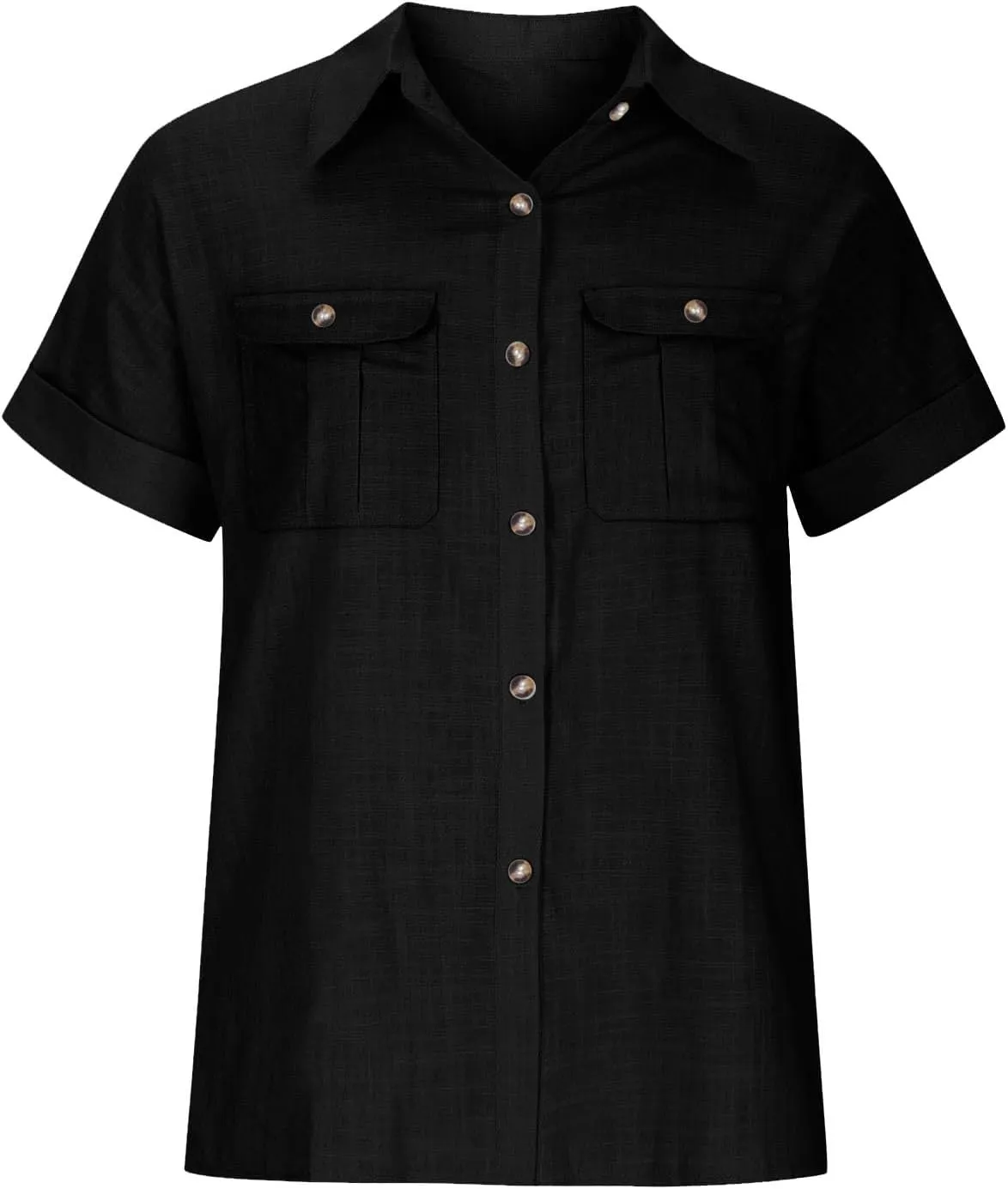 Womens Casual Blouse Button Fly Lapel Collar Short Sleeve Linen Beach Tunics Summer Loose Side Slit Tops with Pockets