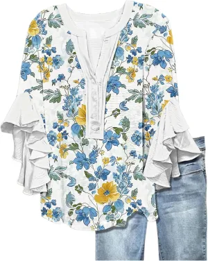 Women's Casual Boho Floral Print Tops Loose V Neck 3/4 Wave Bell Sleeve Flowy Shirts Summer Blouses for Women
