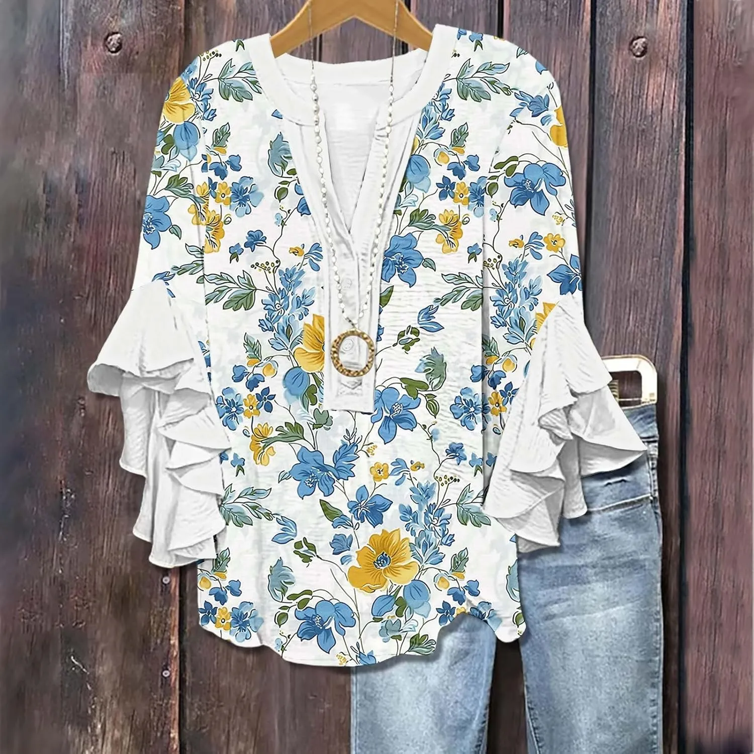 Women's Casual Boho Floral Print Tops Loose V Neck 3/4 Wave Bell Sleeve Flowy Shirts Summer Blouses for Women