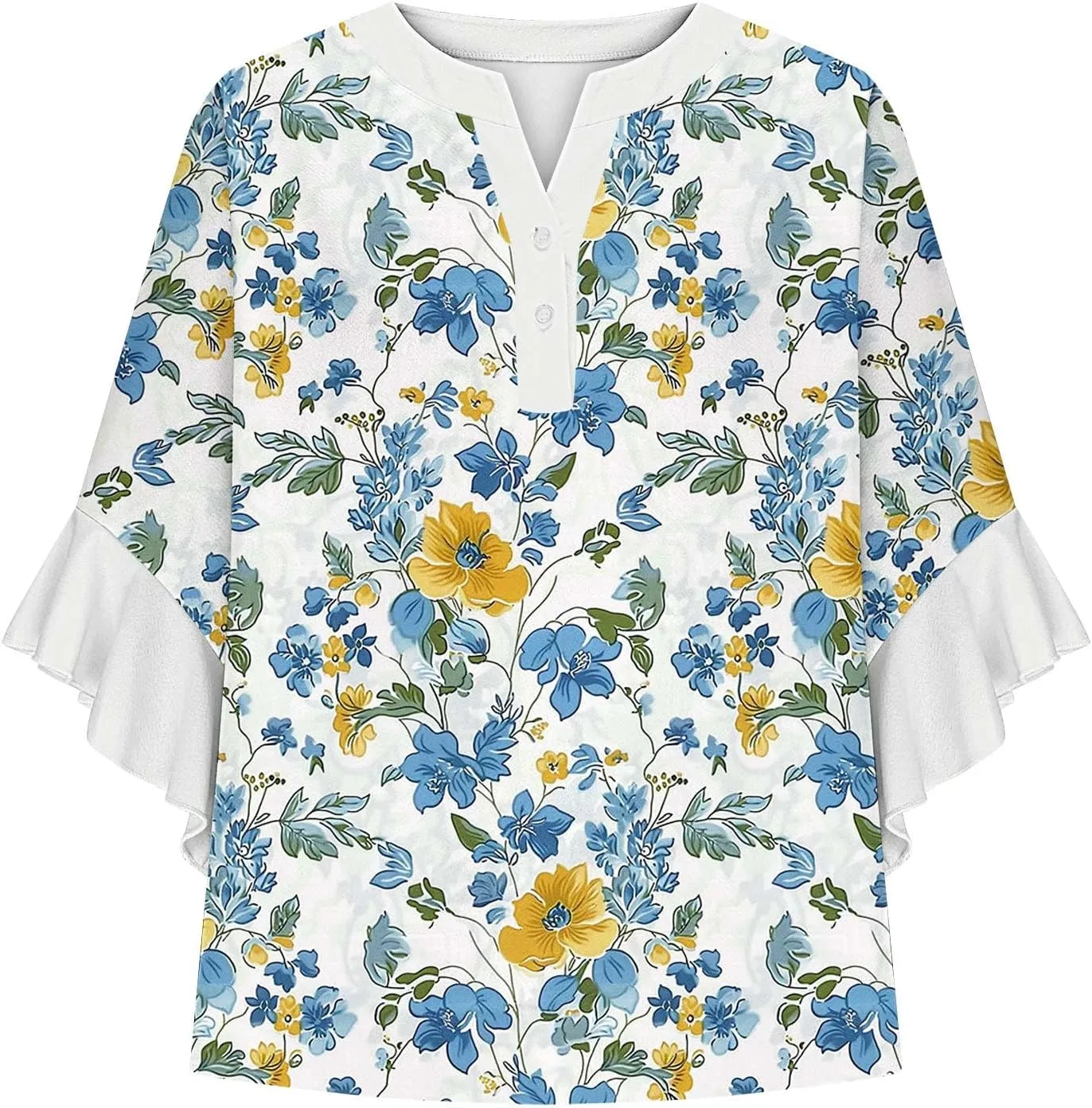 Women's Casual Boho Floral Print Tops Loose V Neck 3/4 Wave Bell Sleeve Flowy Shirts Summer Blouses for Women