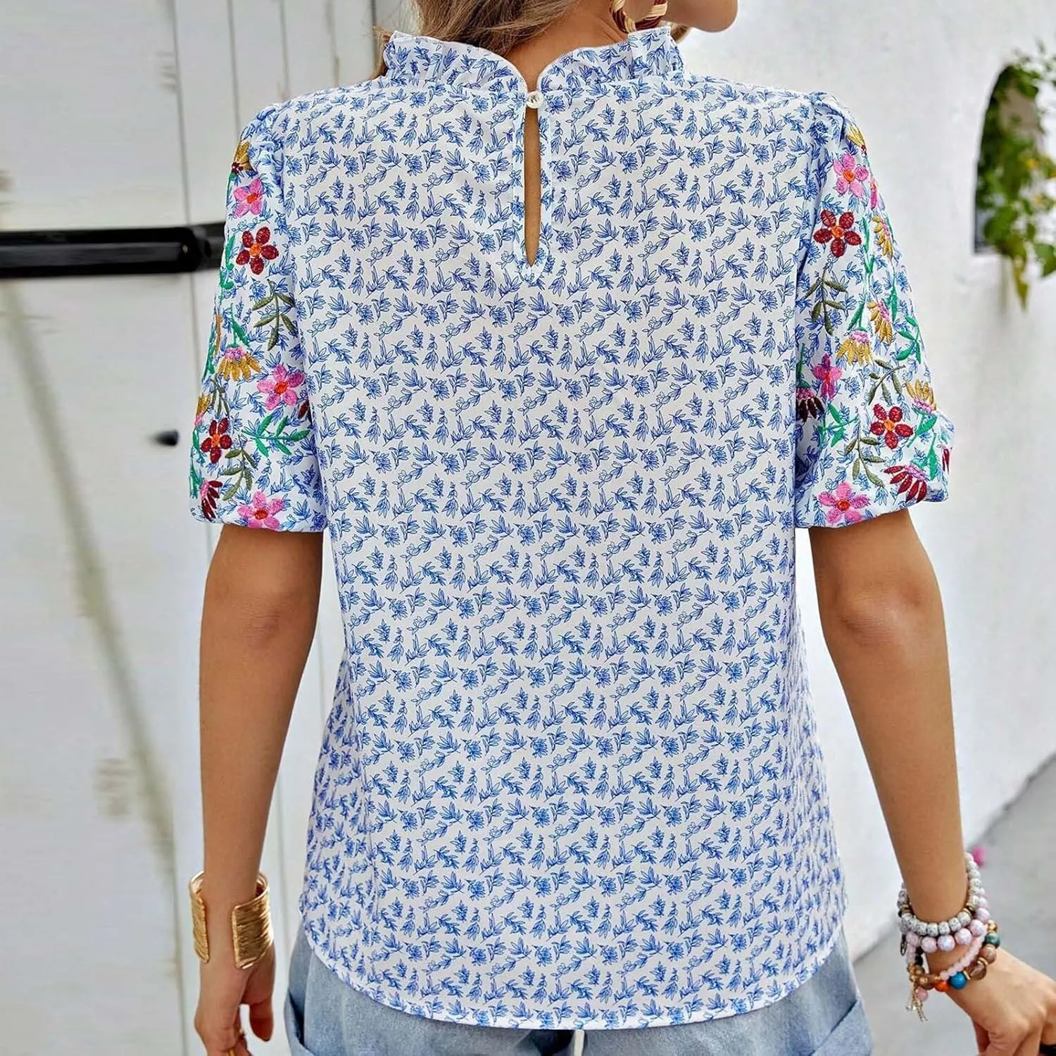 Women's Casual Boho Floral Printed Mock Neck Tops Short Sleeve T Shirt Blouses 2024 Fashion Summer Loose Tunic Top