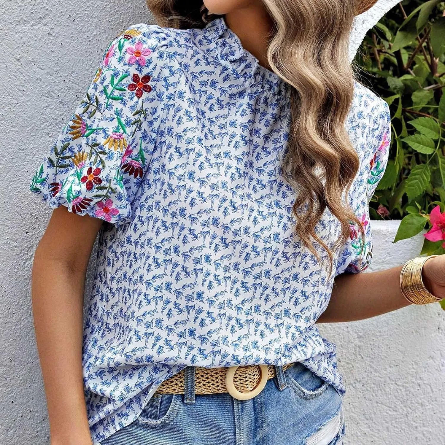 Women's Casual Boho Floral Printed Mock Neck Tops Short Sleeve T Shirt Blouses 2024 Fashion Summer Loose Tunic Top