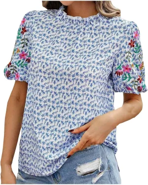 Women's Casual Boho Floral Printed Mock Neck Tops Short Sleeve T Shirt Blouses 2024 Fashion Summer Loose Tunic Top