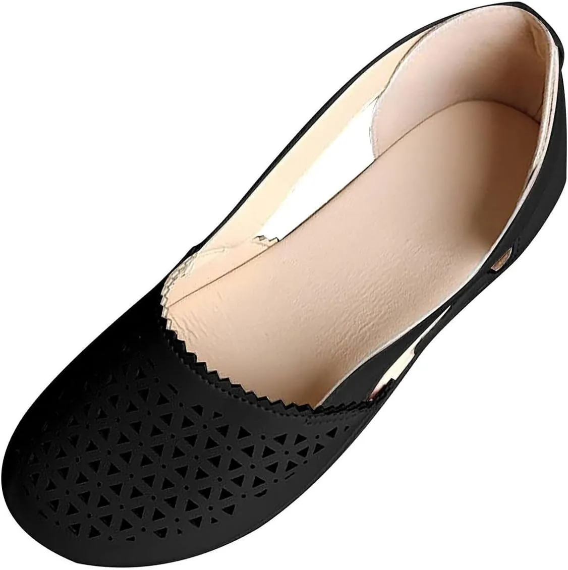 Womens Closed Toe Sandals Dressy Summer Hollow Out Sandals Round Toe Low Heel Sandals Comfortable Breathable Eyelets Shoes Casual Slip On Flat Shoes