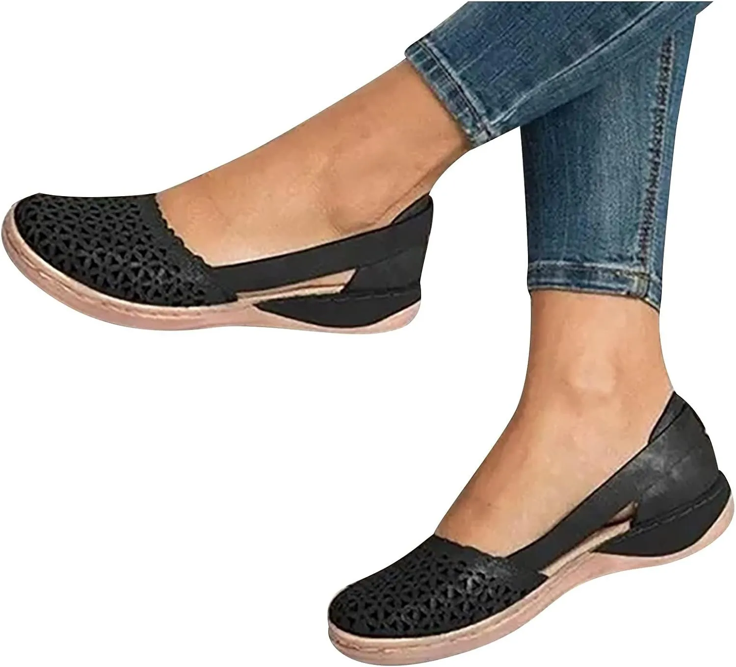 Womens Closed Toe Sandals Dressy Summer Hollow Out Sandals Round Toe Low Heel Sandals Comfortable Breathable Eyelets Shoes Casual Slip On Flat Shoes