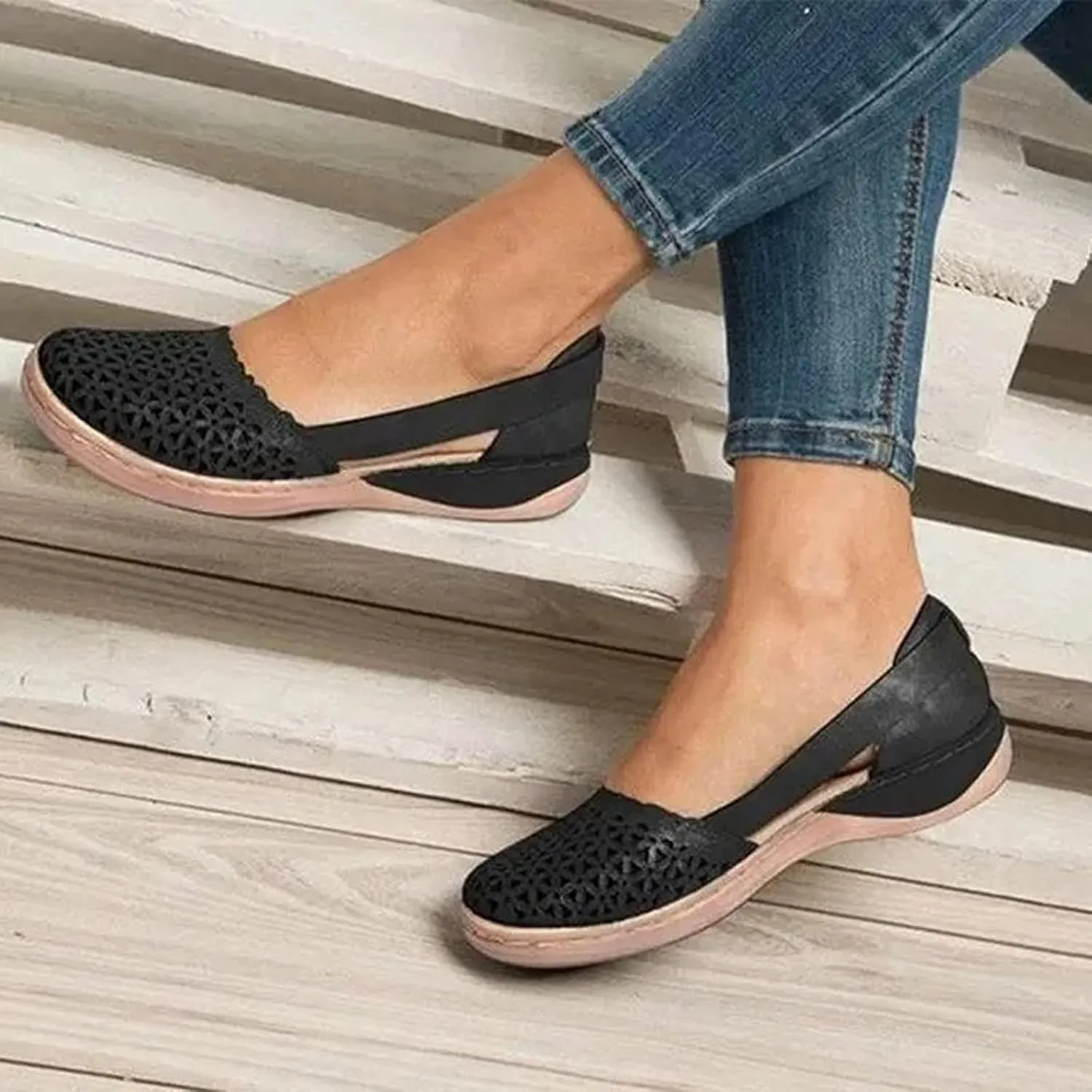 Womens Closed Toe Sandals Dressy Summer Hollow Out Sandals Round Toe Low Heel Sandals Comfortable Breathable Eyelets Shoes Casual Slip On Flat Shoes
