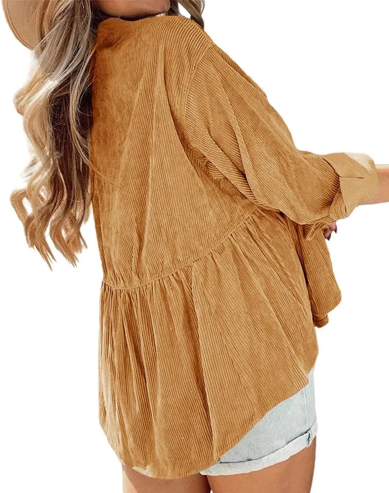 Womens Corduroy Peplum Shirts Tops Cute Long Sleeve Button Down Blouses with Pockets