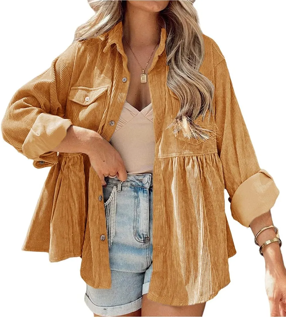 Womens Corduroy Peplum Shirts Tops Cute Long Sleeve Button Down Blouses with Pockets