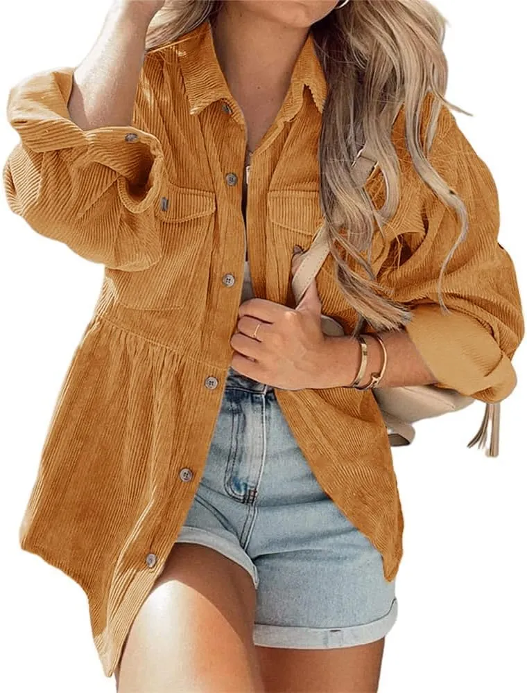 Womens Corduroy Peplum Shirts Tops Cute Long Sleeve Button Down Blouses with Pockets