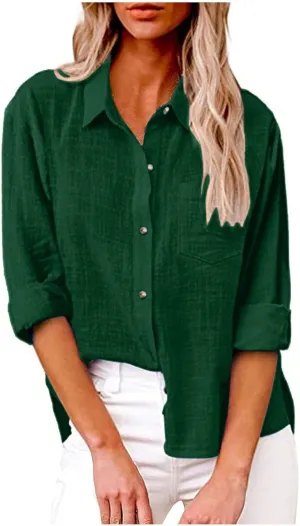 Womens Cotton Linen Button Down Shirt 2024 Spring Casual Long Sleeve Solid Color Shirts Loose Work Tops with Pockets