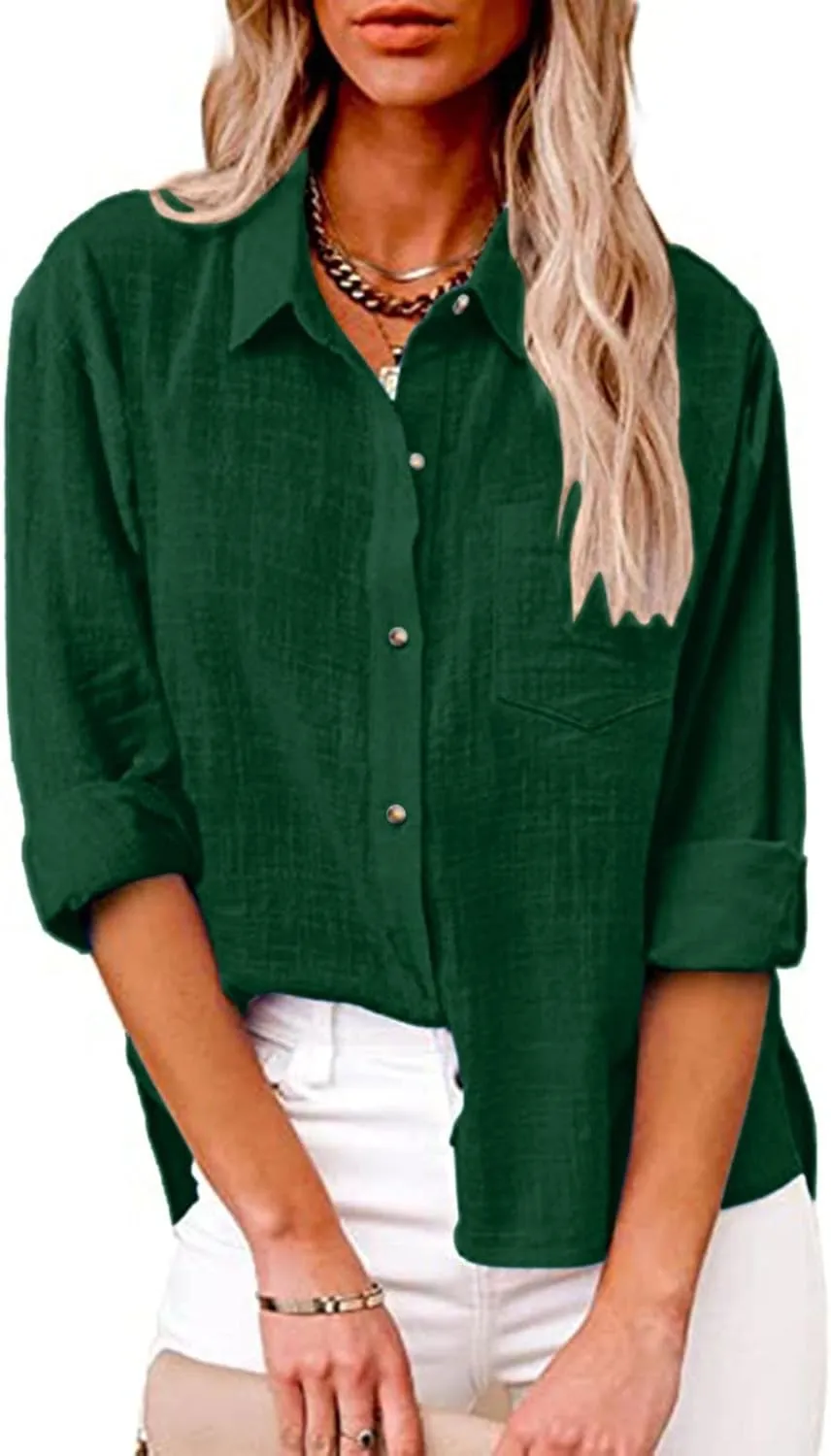 Womens Cotton Linen Button Down Shirt 2024 Spring Casual Long Sleeve Solid Color Shirts Loose Work Tops with Pockets
