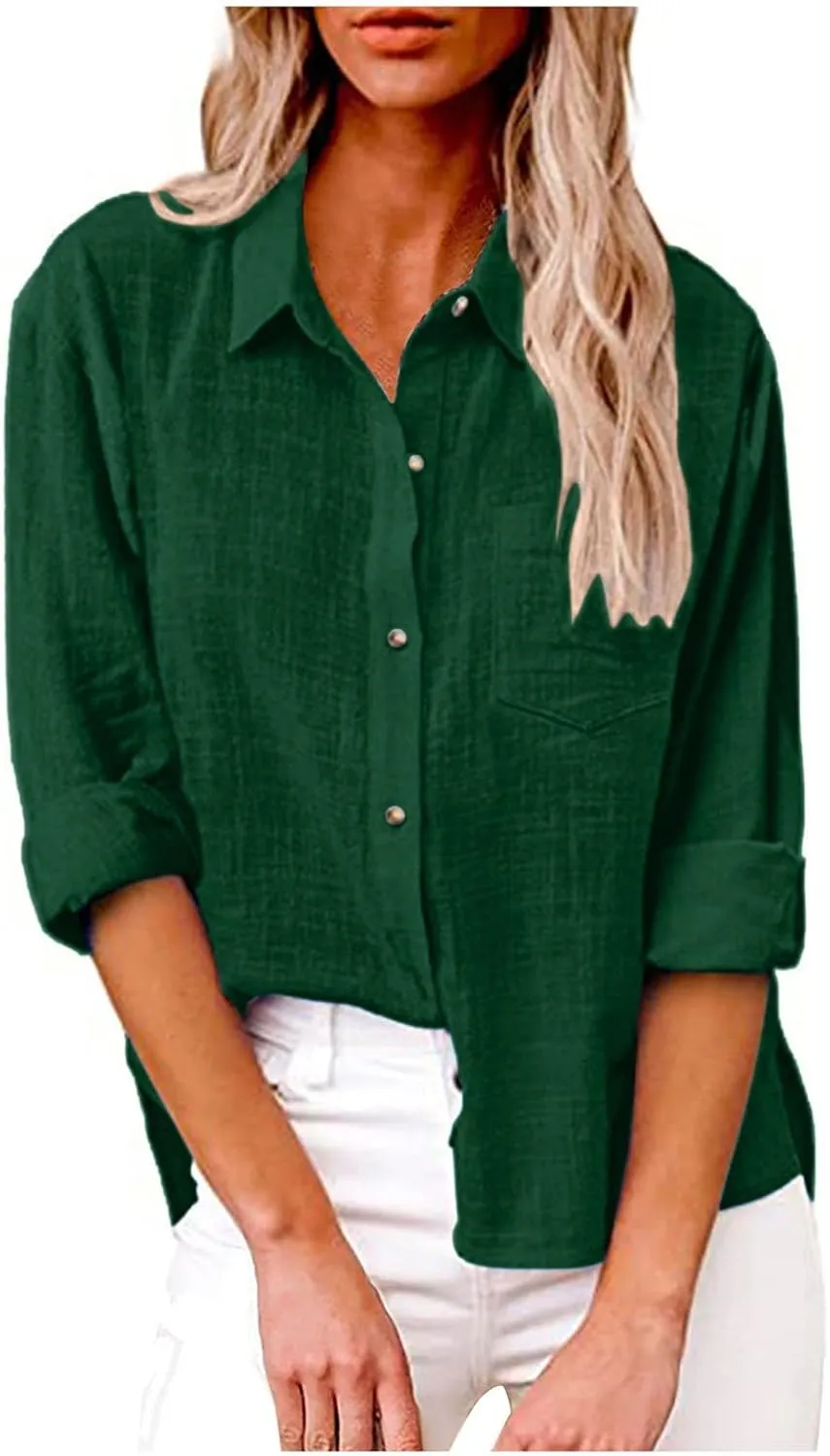 Womens Cotton Linen Button Down Shirt 2024 Spring Casual Long Sleeve Solid Color Shirts Loose Work Tops with Pockets