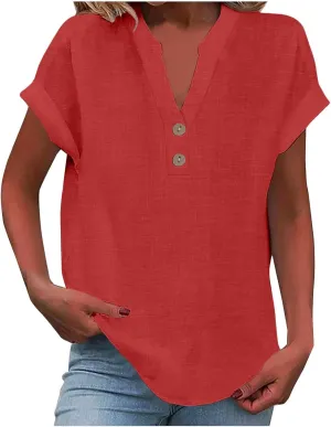 Womens Cotton Linen Shirts Summer Trendy Short Sleeve V-Neck Blouses Tops Button Down Gauze Tees Casual Clothes 2025