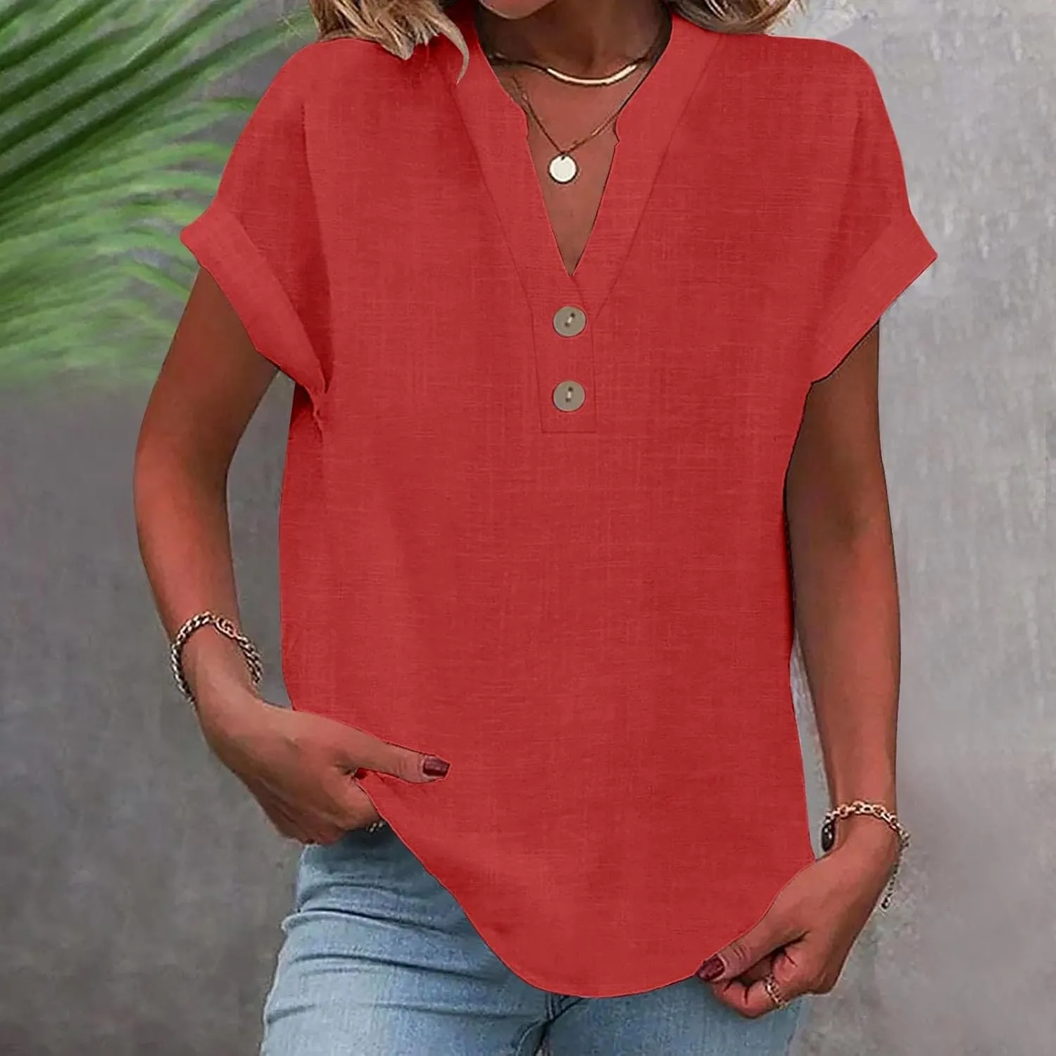 Womens Cotton Linen Shirts Summer Trendy Short Sleeve V-Neck Blouses Tops Button Down Gauze Tees Casual Clothes 2025