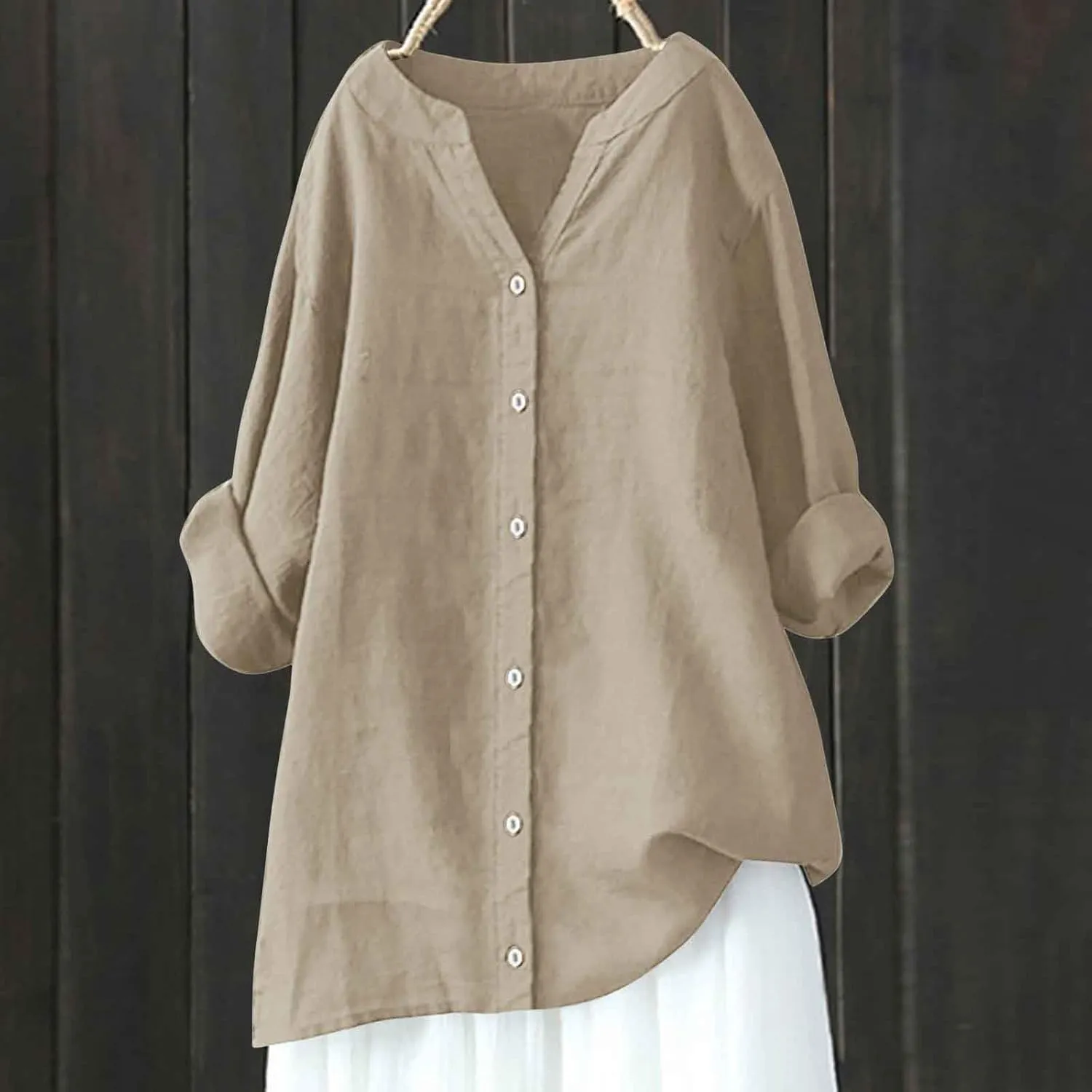 Womens Cotton Linen Tunic Tops Boho Peasant Summer Tops Long Sleeve Button Down Shirts Blouse Dressy Casual Clothing