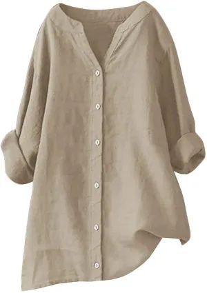 Womens Cotton Linen Tunic Tops Boho Peasant Summer Tops Long Sleeve Button Down Shirts Blouse Dressy Casual Clothing