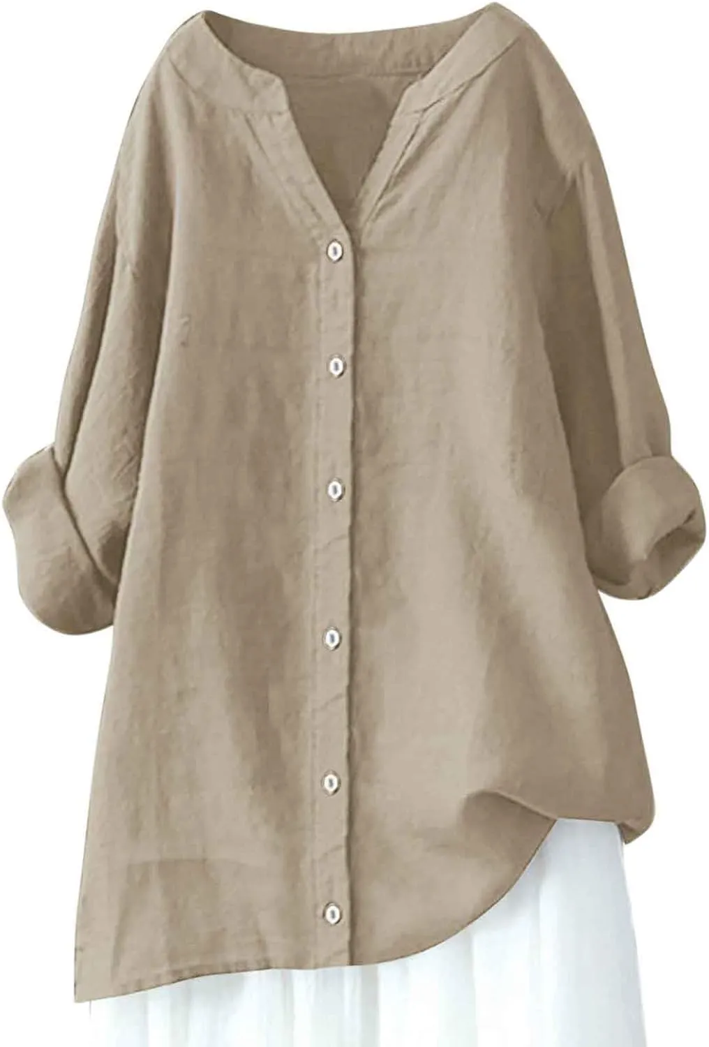 Womens Cotton Linen Tunic Tops Boho Peasant Summer Tops Long Sleeve Button Down Shirts Blouse Dressy Casual Clothing