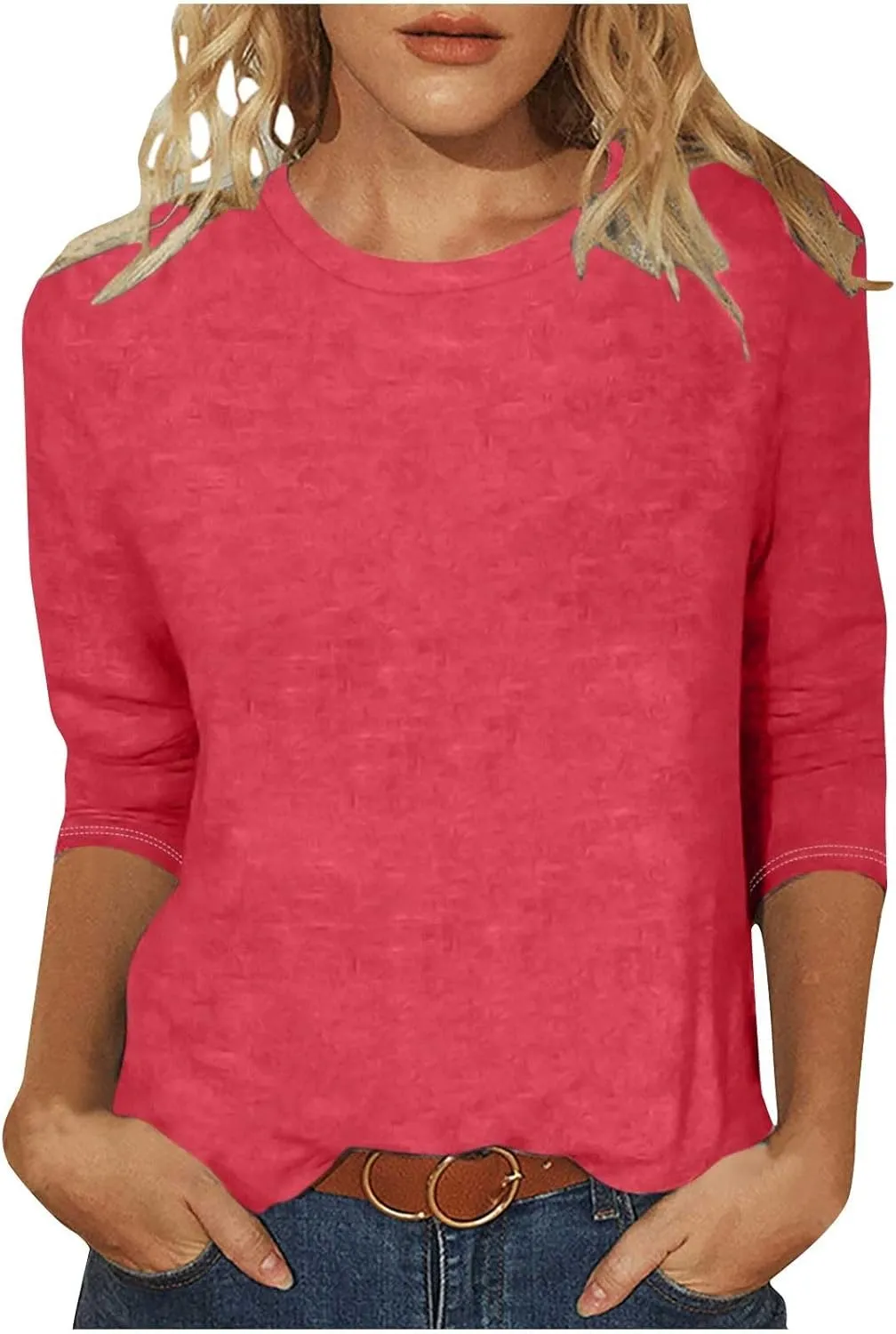 Womens Crew Neck 3/4 Sleeve T Shirts Loose Tunic Tops Casual Solid Basic Tees Three Quarter Length Sleeves Blouses