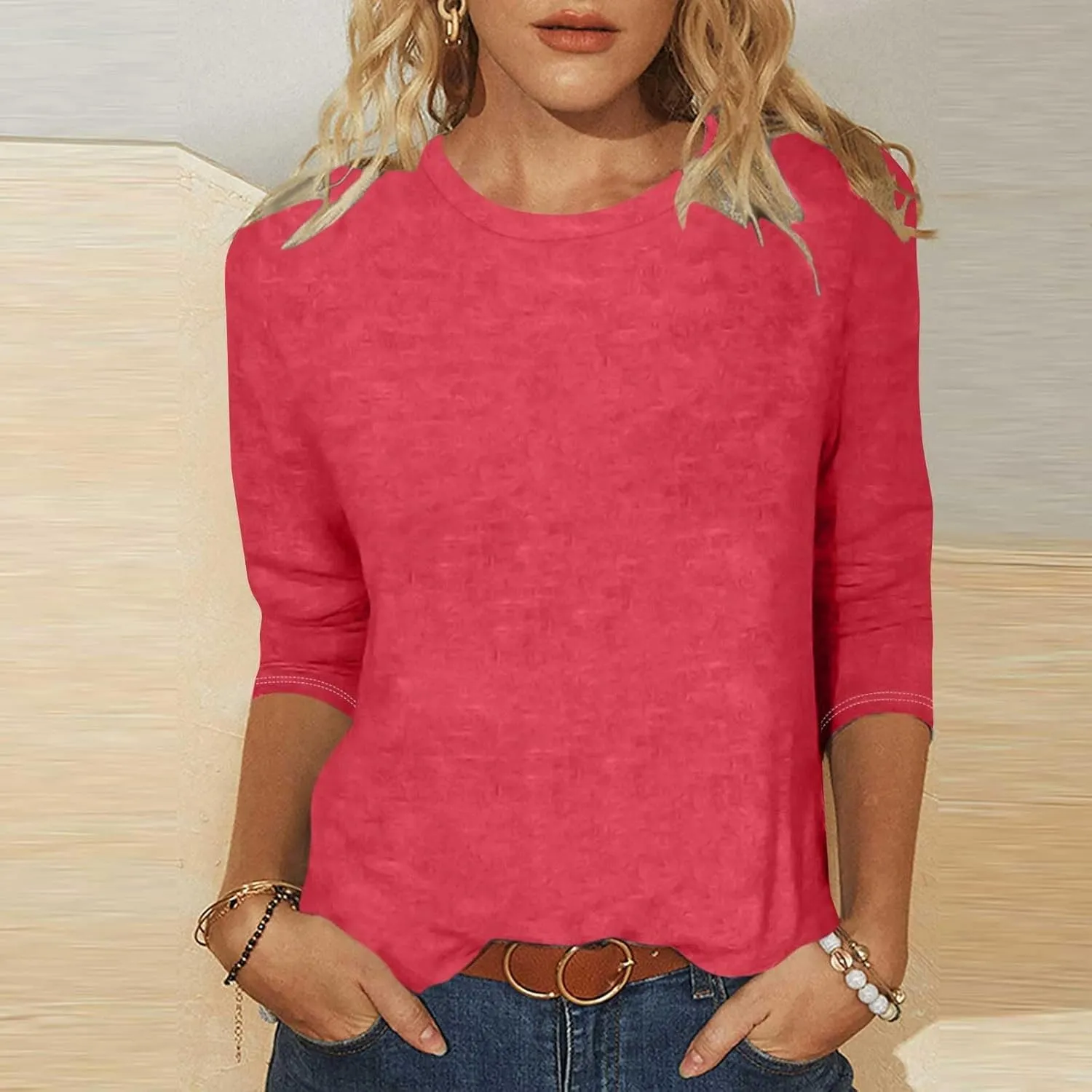 Womens Crew Neck 3/4 Sleeve T Shirts Loose Tunic Tops Casual Solid Basic Tees Three Quarter Length Sleeves Blouses